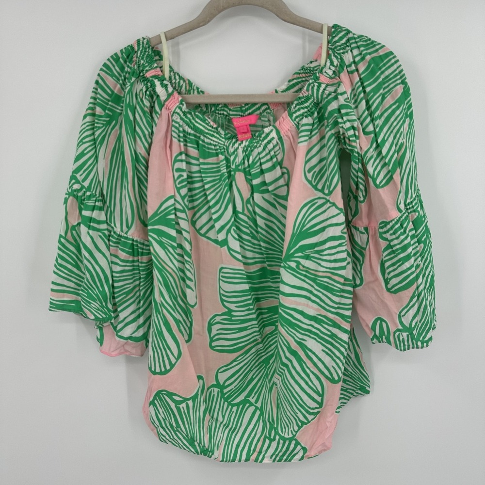 Lilly Pulitzer Blouse Womens Small Pink‎ Green Leaf Print Off Shoulder Top Rayon